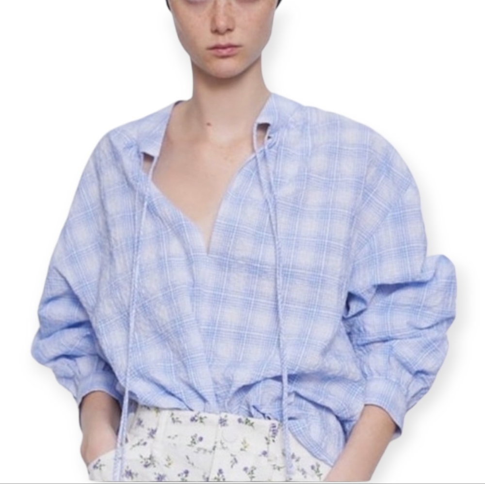 Zara Cotton Plaid Textured Popover Top
